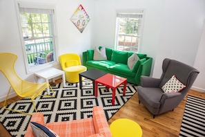 Living room at the Swamp Rabbit Inn furnished entirely in IKEA