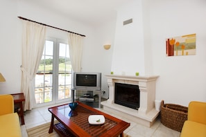 The living room with fireplace