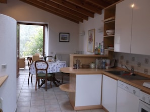 The kitchen, dining area and terrace
