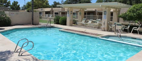 heated pool with hot tub