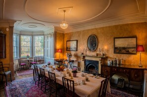The dining room laid for breakfast.