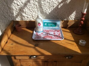 Complimentary disinfectant and masks
