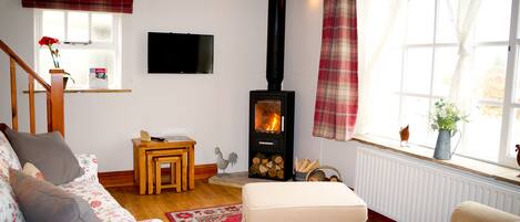 Open plan living area with log burner