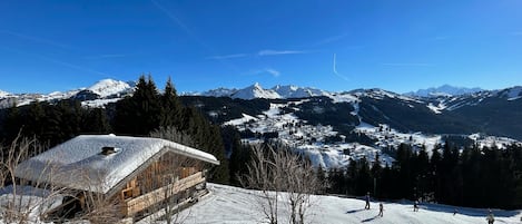 Vue du chalet avec la piste et le Mont Blanc 