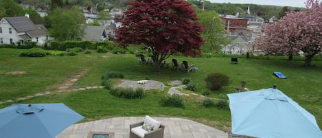 Patio outside Seabreeze with view over downtown Mystic