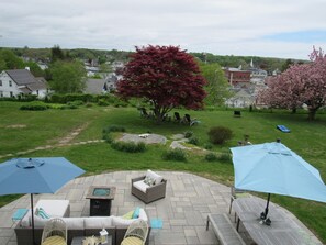 Patio outside Seabreeze with view over downtown Mystic