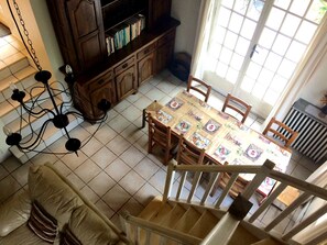 The lovely dining room area taken from the mezzanine above.