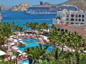 Pueblo Bonito Rose's HUGE pool in the foreground, Pueblo Bonito Blanco on right.