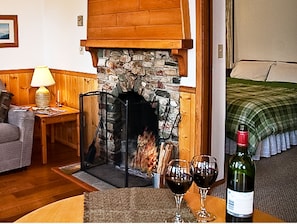 Wood burning fireplace with firewood supplied. Wine glasses supplied too!