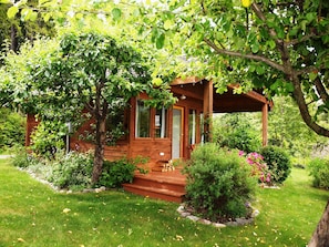 Cottage is surrounded by apple trees, berries, grape vines & flowers.