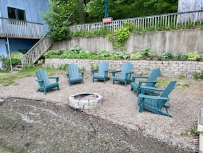 Lakeside fire pit with Adirondack chair seating for six!