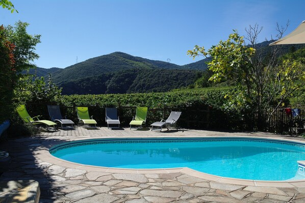 The pool, vinyards and mountains from the summer kitchen.