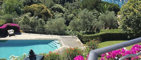 View from the property showing the garden and private swimming pool.