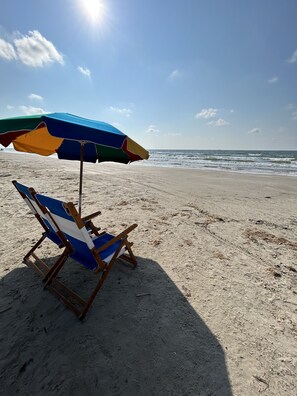 You get free parking on the beach, and an umbrella and 2 chairs, as our guest!
