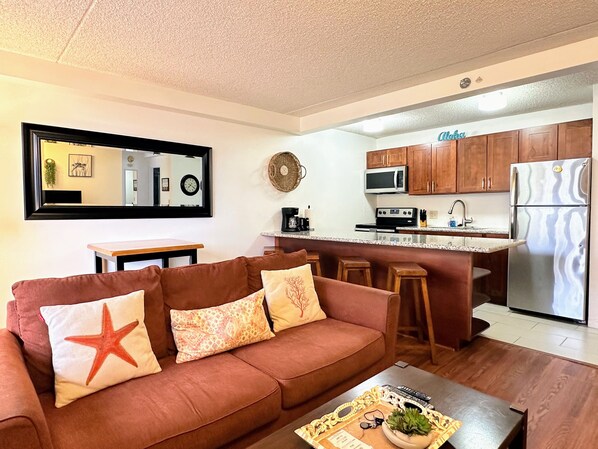 Living room and kitchen. Sofa opens up to a queen size bed.