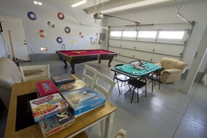 Game Room with Pool, Poker, Darts, Ping Pong, Board Games, etc. 