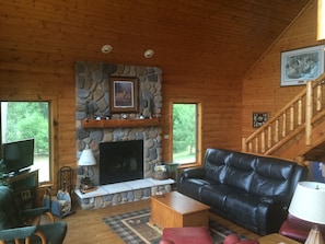 Wood burning fireplace with large living area