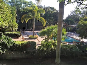 View from dining area overlooking the pool
