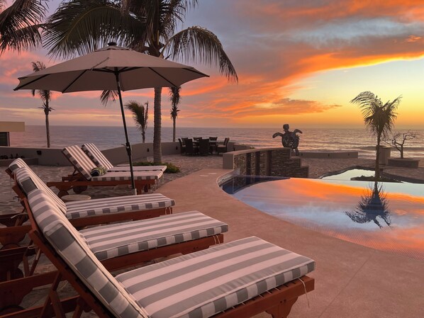Poolside at sunset.