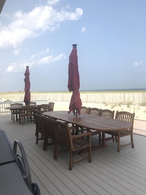 Large table has seating for 10.  Smaller table has seating for 6.