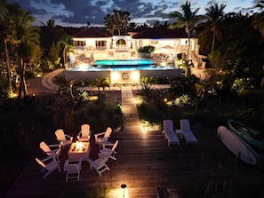 Private deck with gas firepit and walkway to beach with foot wash and shower