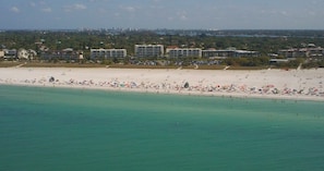 Aerial view of Siesta Beach with Crescent Royale in the background