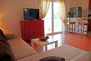 The apartment has a spacious open plan living-dining room area, one bedroom and one bathroom.