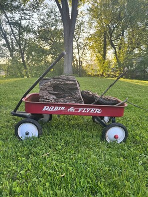 Wood is available for the fire pit - you can haul it in this adorable wagon. 
