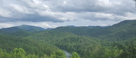 Mountain & lake view from cabin front porch & back deck.