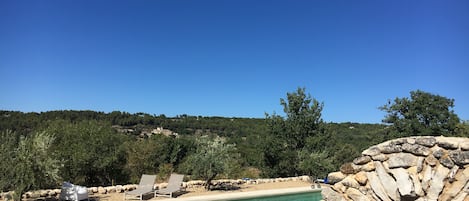 Swimming pool with view over Abbaye de Saint Hilaire