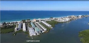 Overhead view looking west from the intracoastal waterway out over the beach