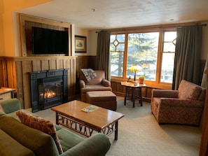 Adirondack-style Living Room with cast iron Gas Fireplace & Flat Screen TV.
