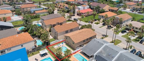 Aerial of the backyard and pool of 116 E Campeche #1,#2,#3