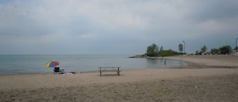 sandy shallow beach just steps from the cottage