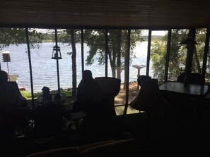 Screen porch overlooks lake.