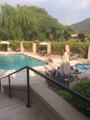 Saltwater swimming pool and spa behind clubhouse