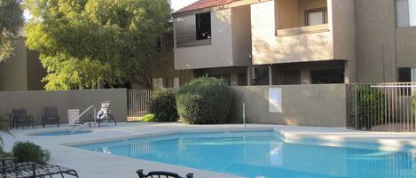 Swimming pool & hot tub area, unit is away from pool which is more quiet!