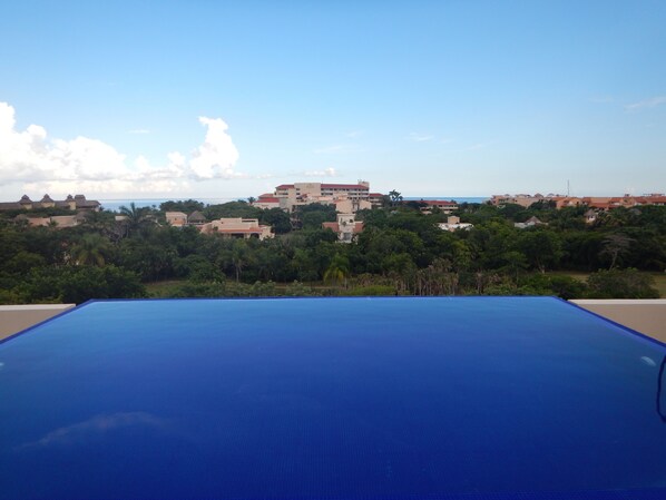 Rooftop pool with view.