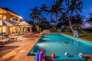 Large pool deck with pool, hot tub, BBQ gazebo & outdoor shower