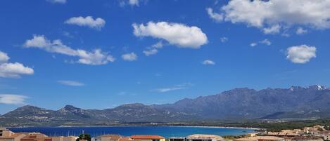 Vue depuis la terrasse : mer et montagne