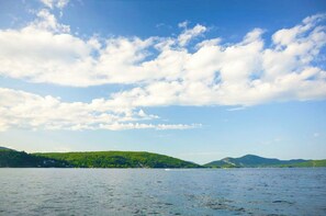 View from our beach of Lake George and mountains.