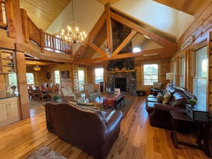 main floor living room with top floor loft/living room above