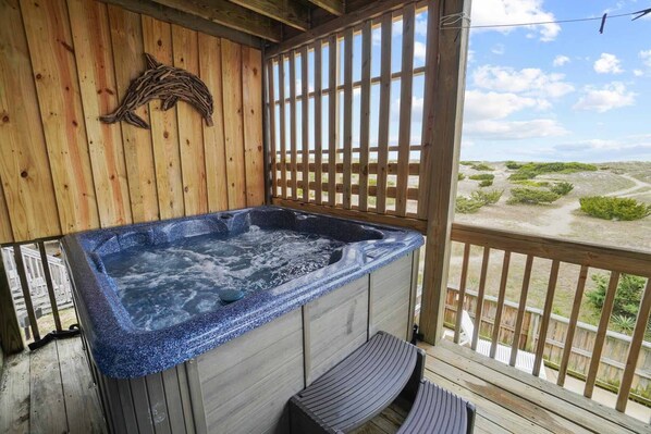Six-person hot tub, perfect for unwinding at the end of the day.