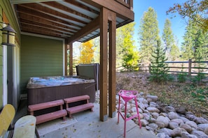 Our hot tub is located on the lower patio level of our unit and seats 6 people.