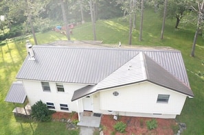Drone view showcasing newly installed steel roof
