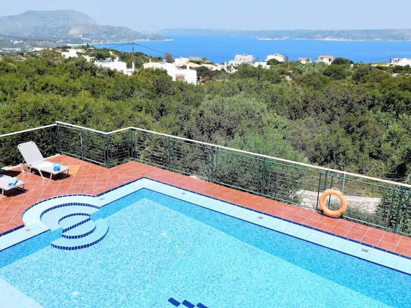 Villa Maria pool and sea view from upstairs sun terrace.