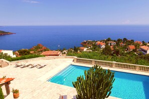 Pool area with beautiful panorama view.