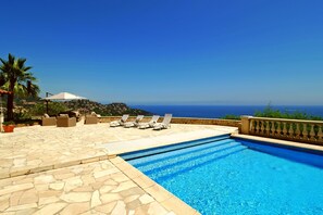 Pool area with beautiful panorama view of Ile Sainte-Marguerite outside Cannes.