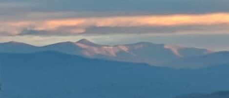 I zoomed in on snow-covered Mount Pisgah from the porch w/ morning sunlight WOW!