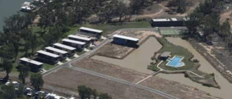 Aerial view of house and river